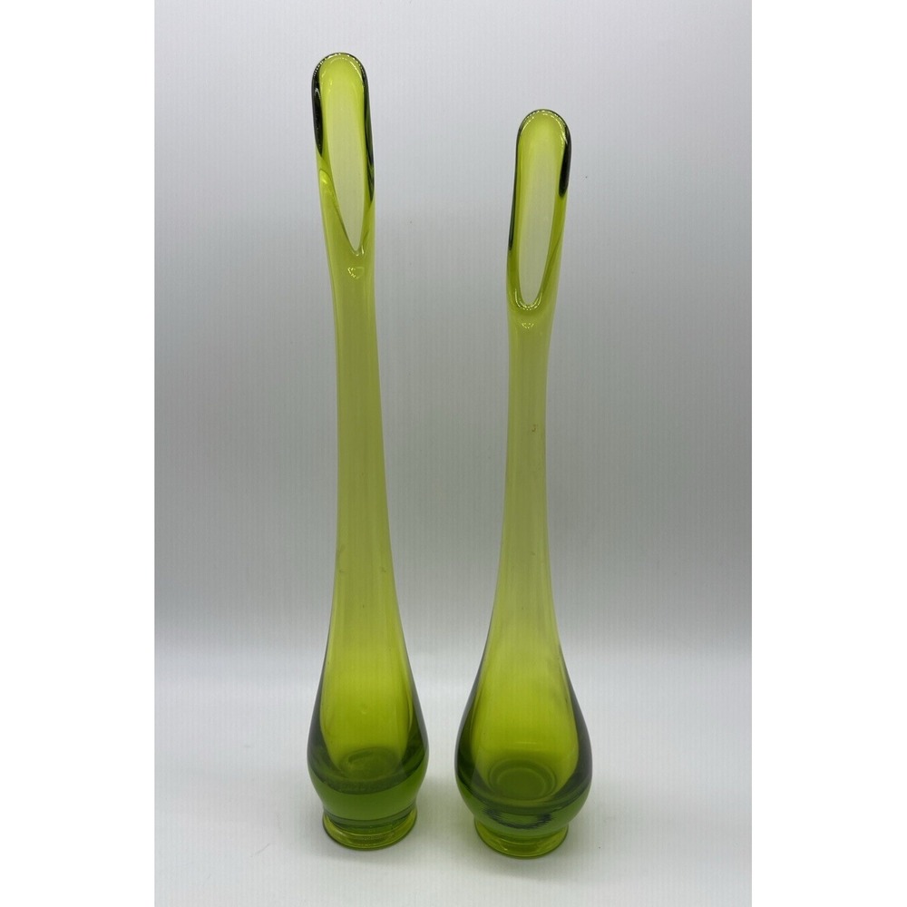 2 Vintage MCM Green Swung Viking Art Glass Bud Vases 12.5" And 11.75"